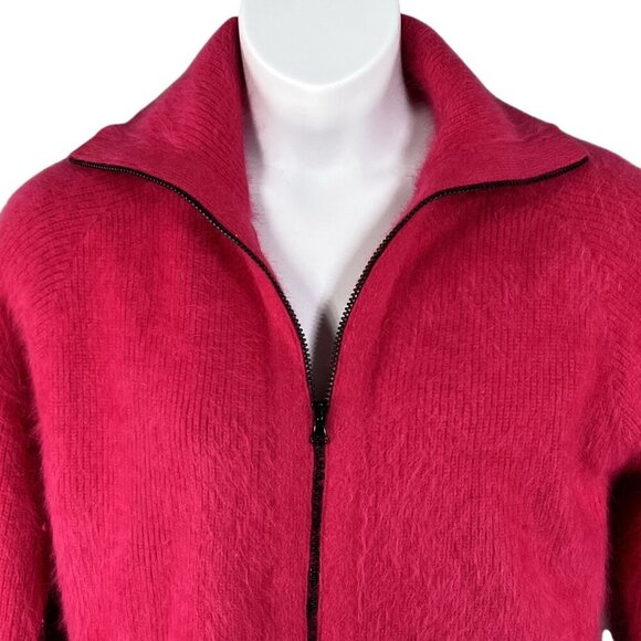 Vintage VENESHA Womens L 80% Angora Fuzzy Fuchsia Zip Sweater Jacket Old Money - Picture 9 of 16